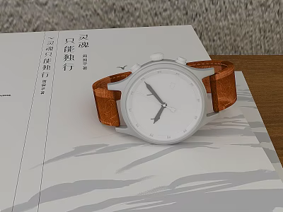 Minimalist White Dial Watch With Brown Leather Strap On A Book 3d model