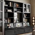 Black Modern Bookcase Interior With Books Decorative Items Photo Frames Magazines And Clock