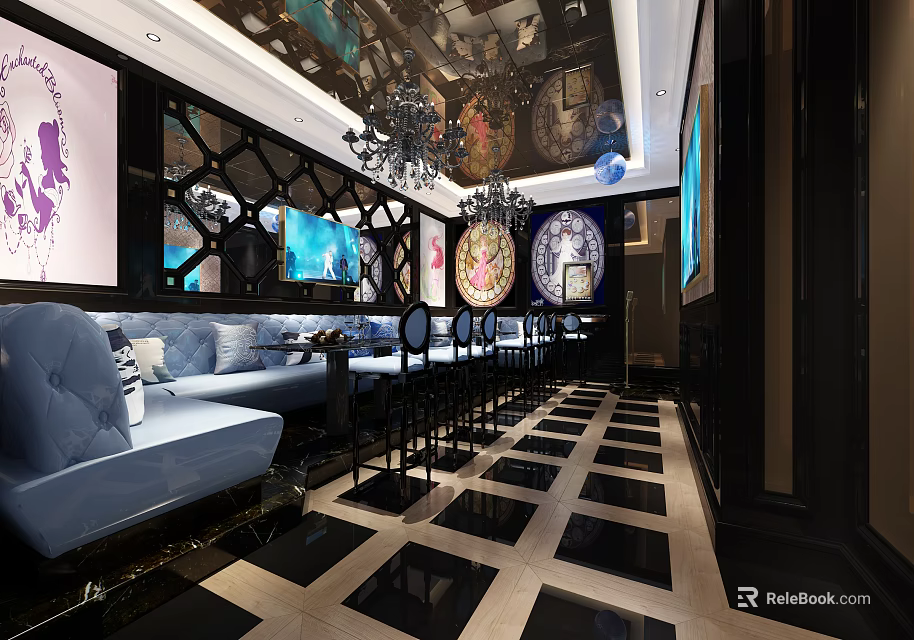 Luxurious KTV Interior With Blue Sofa Chandelier TV Screens And Decorative Elements 3d model 