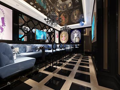 Luxurious KTV Interior With Blue Sofa Chandelier TV Screens And Decorative Elements 3d model