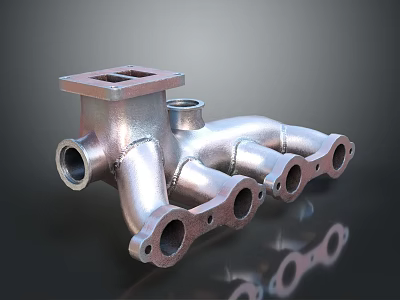 Silver Metal Mechanical Manifold Component With Multiple Pipe Ports And Flange Structure 3d model