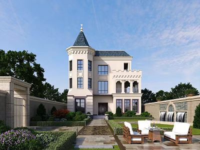Elegant Detached Villa With Tower Steeple Arched Windows Garden And Outdoor Seating 3d model
