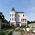 Elegant Detached Villa With Tower Steeple Arched Windows Garden And Outdoor Seating