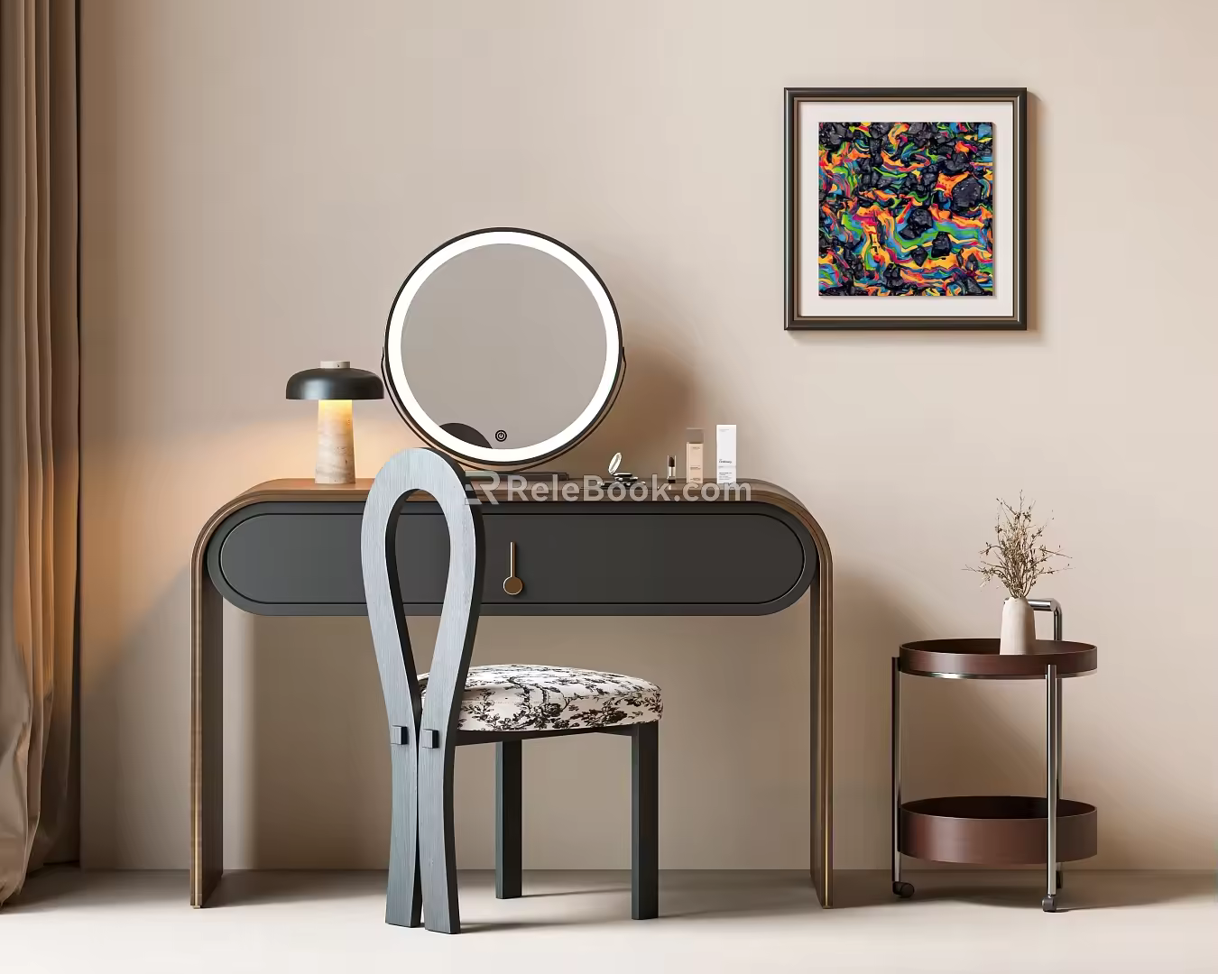 Modern Middle Ancient Dressing Table Dressing Chair Dressing Mirror Makeup Table Makeup Stool Combination Middle Ancient Side Table Lamp Dressing Table 3d model