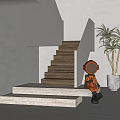 Modern Wooden Stairs In Minimalist Interior With Astronaut Figure And Palm Tree