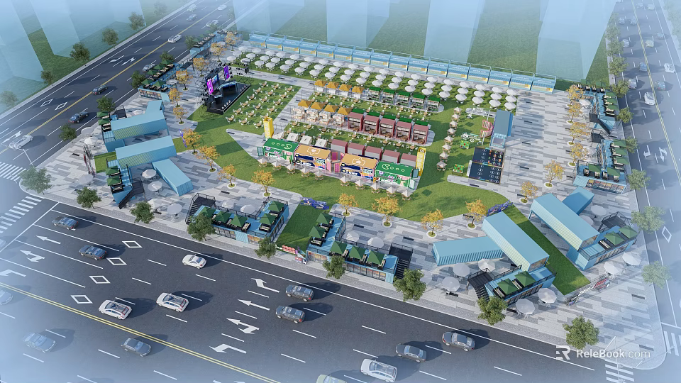 Modern Commercial Street With Retail Shops Green Spaces And Outdoor Leisure Areas 3d model 