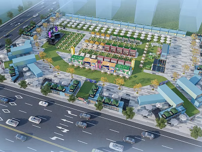 Modern Commercial Street With Retail Shops Green Spaces And Outdoor Leisure Areas 3d model