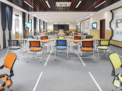 School Modern Classroom Interior With Colorful Chairs Tables TV And Floor Lines 3d model