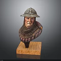 Man's Detailed Sculpted Bust Wearing Medieval Helmet With Chainmail On Wooden Base
