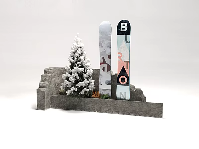 Burton Snowboards Display With Snowy Tree And Stone Steps 3d model
