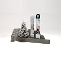 Burton Snowboards Display With Snowy Tree And Stone Steps