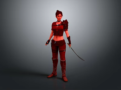 Fantasy Female Warrior In Red Outfit Holding Sword Standing On Gray Background 3d model