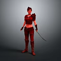 Fantasy Female Warrior In Red Outfit Holding Sword Standing On Gray Background