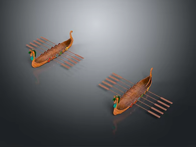 Two Traditional Wooden Decorative Watercraft With Multiple Oars And Ornate Details 3d model
