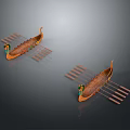 Two Traditional Wooden Decorative Watercraft With Multiple Oars And Ornate Details