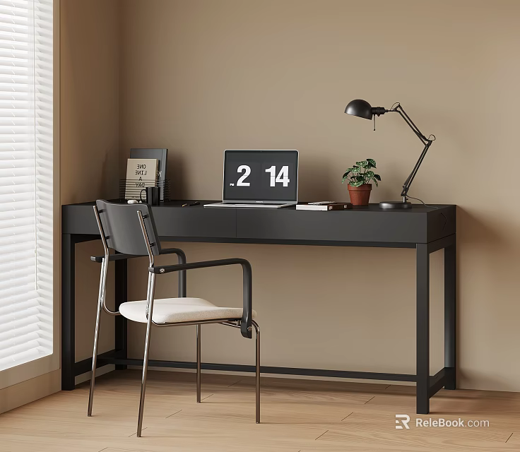 Modern Black Desk With Laptop Showing 214 Small Plant Table Lamp And Chair Near Window 3d model 