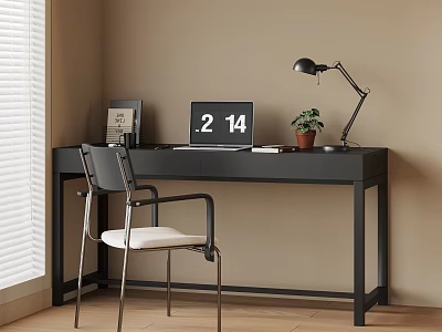 Modern Black Desk With Laptop Showing 214 Small Plant Table Lamp And Chair Near Window 3d model