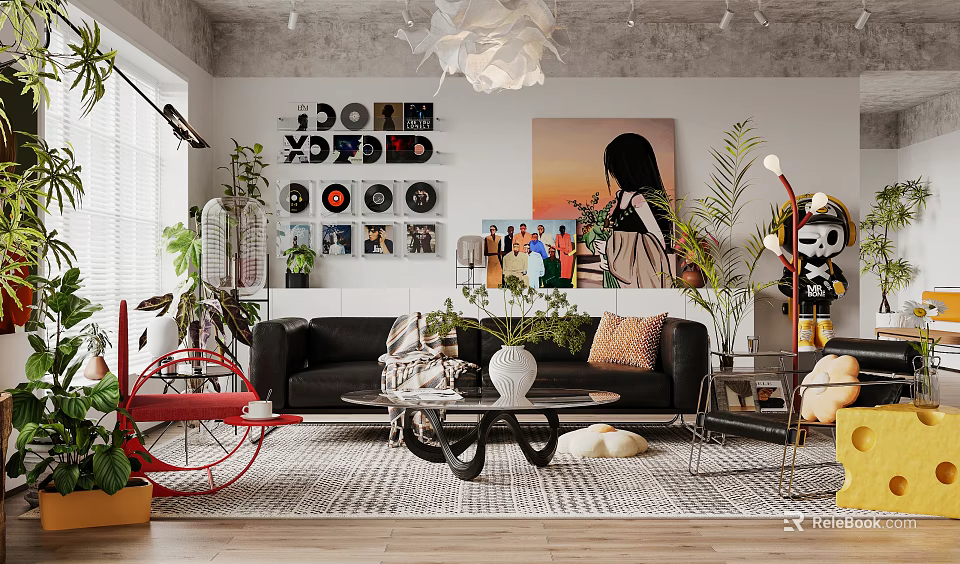 Contemporary Living Room Interior Featuring Black Sofa Coffee Table Red Rocking Chair And Wall Painting 3d model 