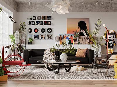 Contemporary Living Room Interior Featuring Black Sofa Coffee Table Red Rocking Chair And Wall Painting 3d model