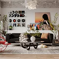 Contemporary Living Room Interior Featuring Black Sofa Coffee Table Red Rocking Chair And Wall Painting
