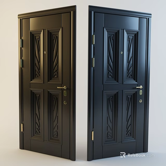 Dark Colored Security Door With Intricate Carved Patterns And Golden Hardware 3d model 