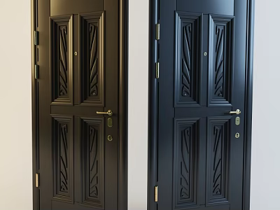 Dark Colored Security Door With Intricate Carved Patterns And Golden Hardware 3d model