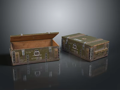 Vintage Military Style Wooden Storage Boxes One Open and One Closed with Metal Hardware 3d model