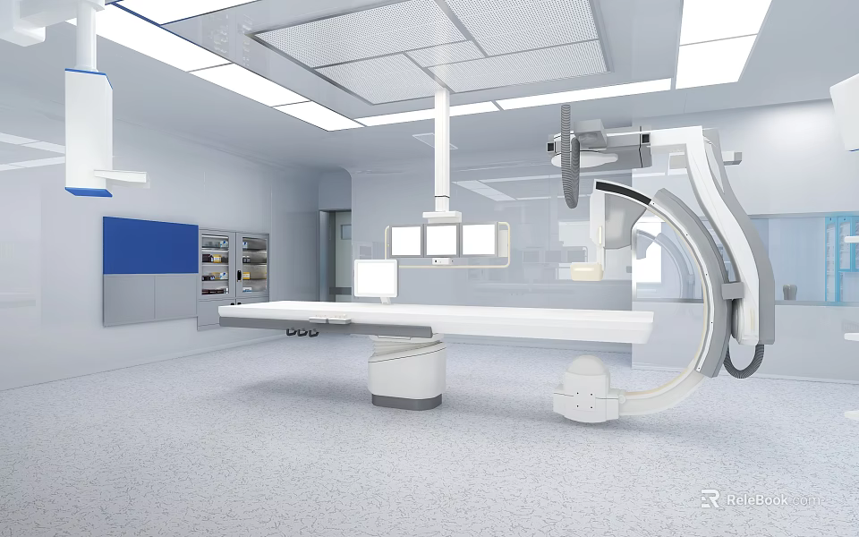 Modern Hospital Operating Room With Surgical Equipment Operating Table And Lights 3d model 
