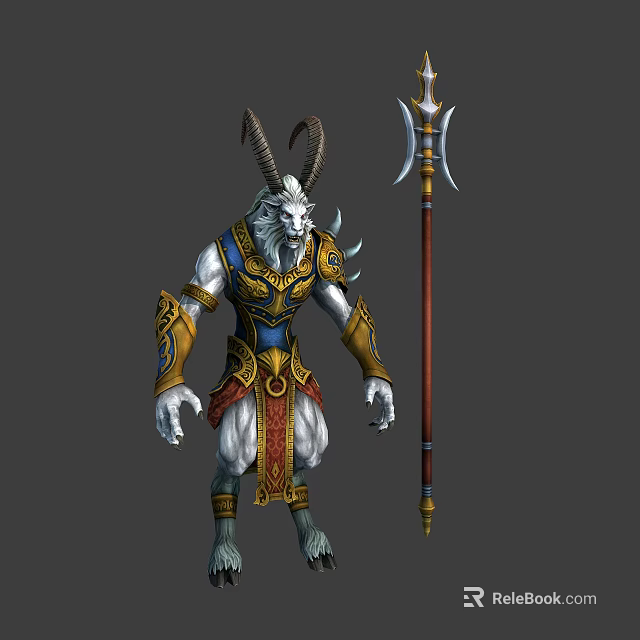 Horned Mythical Creature Character With White Fur Gold Blue Armor And Spear 3d model 