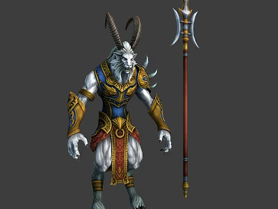 Horned Mythical Creature Character With White Fur Gold Blue Armor And Spear 3d model
