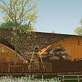 Boutique Homestay Building Featuring Wooden Curved Roof Terrace Steps Amid Greenery Lawn Flowers Trees
