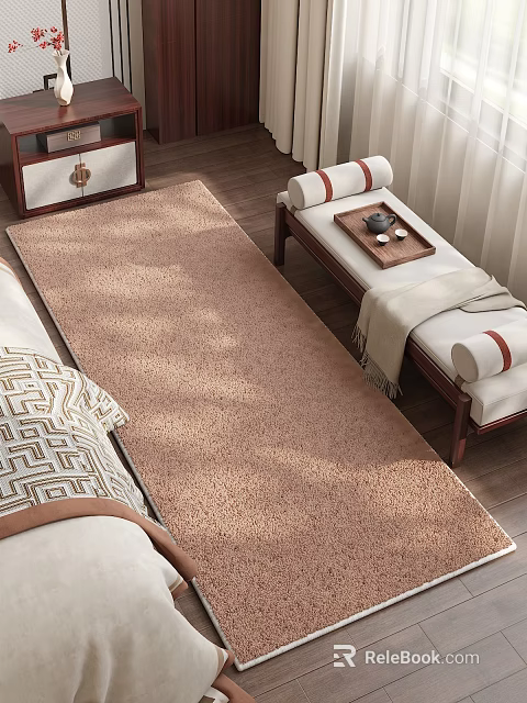 Cozy Brown Square Rug In Living Room With Sofa Bench Decorative Pillow And Wooden Floor 3d model 