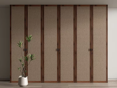 Modern Wooden Wardrobe Design With Panel Doors And Indoor Plant In Home Interior 3d model