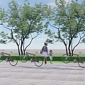 Red Bicycles Parked Outdoor With Trees Grass And Woman Child Walking Nearby