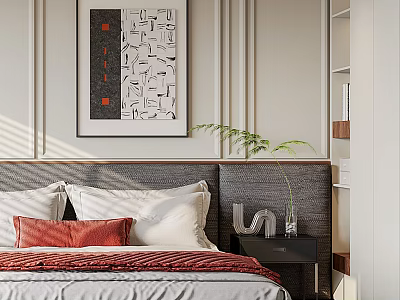 Modern Minimalist Bedroom With Cozy Bed Headboard Decorative Artwork Nightstand And Green Plant 3d model