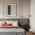 Modern Minimalist Bedroom With Cozy Bed Headboard Decorative Artwork Nightstand And Green Plant