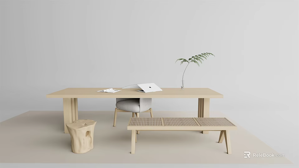 Light Wooden Desk Interior with Books and Potted Plant Accompanied by Chair and Bench 3d model 