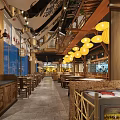 Warm Traditional Restaurant Interior With Wooden Structures Hanging Lanterns Green Plants And Seating Area