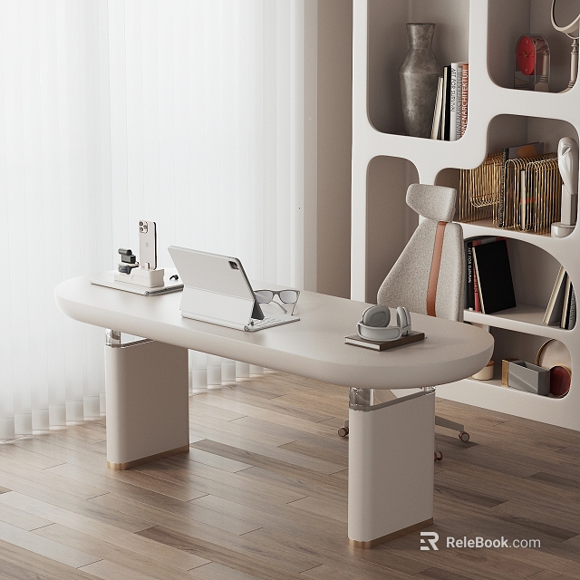 Modern White Desk on Wooden Floor with Tablet Glasses Near Bookshelf and Chair 3d model 