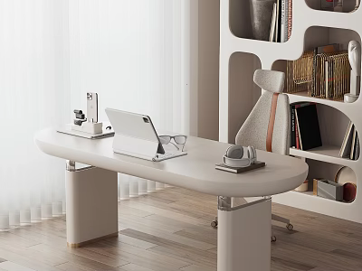 Modern White Desk on Wooden Floor with Tablet Glasses Near Bookshelf and Chair 3d model