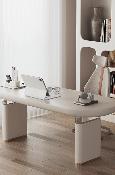 Modern White Desk on Wooden Floor with Tablet Glasses Near Bookshelf and Chair 3d model