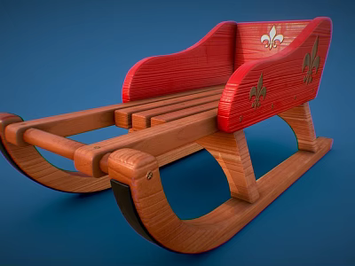 Traditional Red Wooden Sled With Decorative Patterns And Curved Wooden Runners 3d model