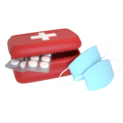 Daily Life Supplies Red First Aid Kit With White Cross Blue Masks And Blister Tablets 3d model