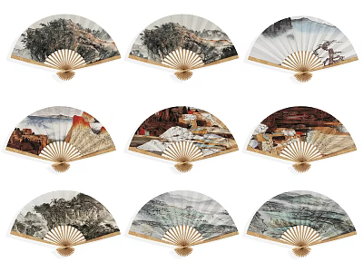Traditional Chinese Decorative Ornament Set with Hand Painted Landscape Folding Fans 3d model