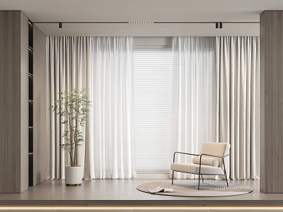 White Curtains In Modern Interior With Beige Chair Wooden Shelves Potted Plant And Blinds 3d model