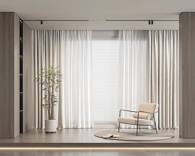 White Curtains In Modern Interior With Beige Chair Wooden Shelves Potted Plant And Blinds 3d model