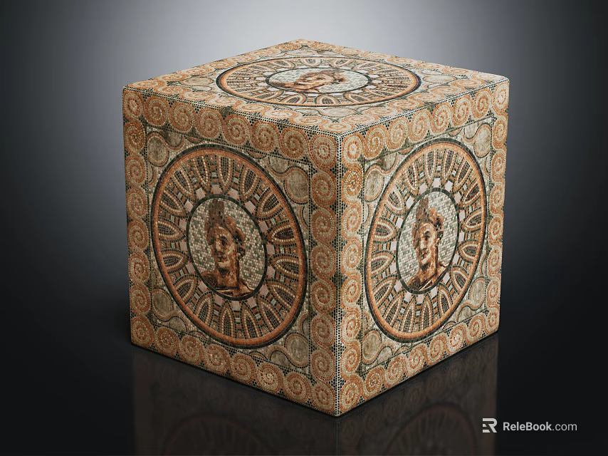 Decorative Floor With Mosaic Cube Featuring Circular Portraits And Intricate Patterns 3d model 