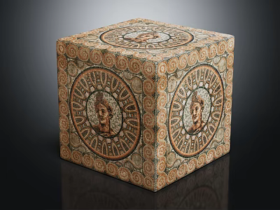 Decorative Floor With Mosaic Cube Featuring Circular Portraits And Intricate Patterns 3d model