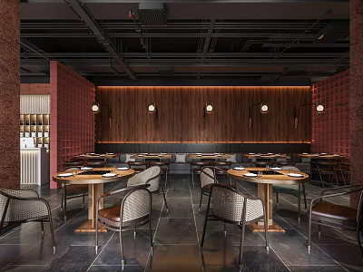 Modern Restaurant Interior With Red Brick Walls Wooden Panel Dining Tables Chairs And Pendant Lights 3d model
