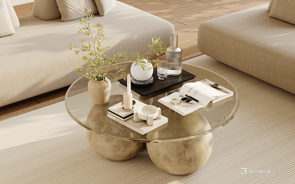 Modern Glass Top Coffee Table With Spherical Bases And Decorative Plants Candle Magazine In Living Room 3d model 